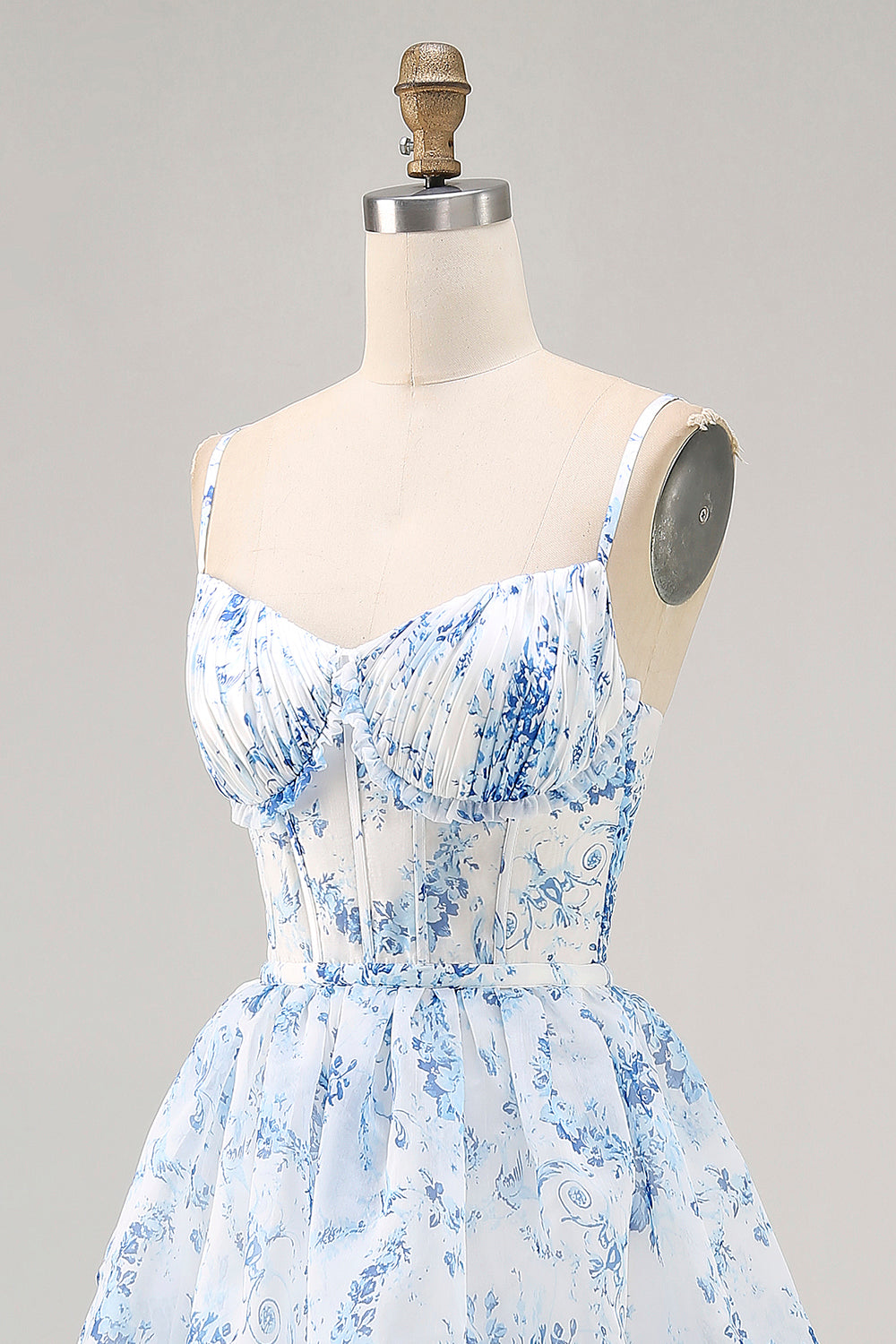 Weiß Blau Blume A Linie Bedrucktes Gestuftes Brautjungfernkleid mit Schlitz