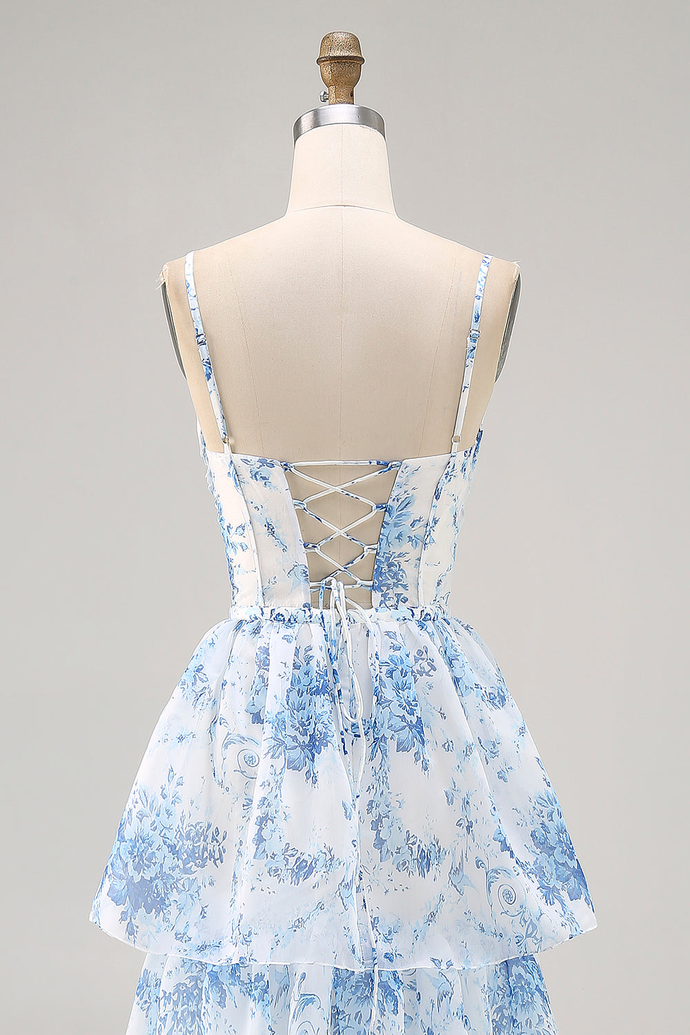 Weiß Blau Blume A Linie Bedrucktes Gestuftes Brautjungfernkleid mit Schlitz