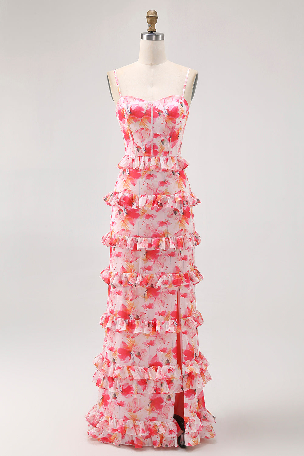 Rosa Geblümte Rüschen Langes Hochzeitsgastkleid mit Schlitz