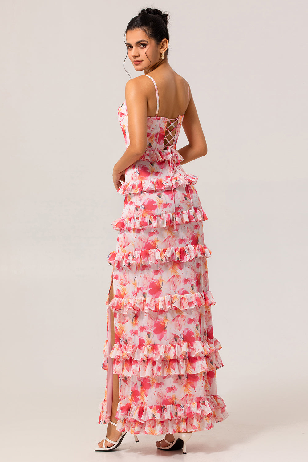 Rosa Langes Etui Blumen Hochzeitsgastkleid mit Rüschen und Schlitz