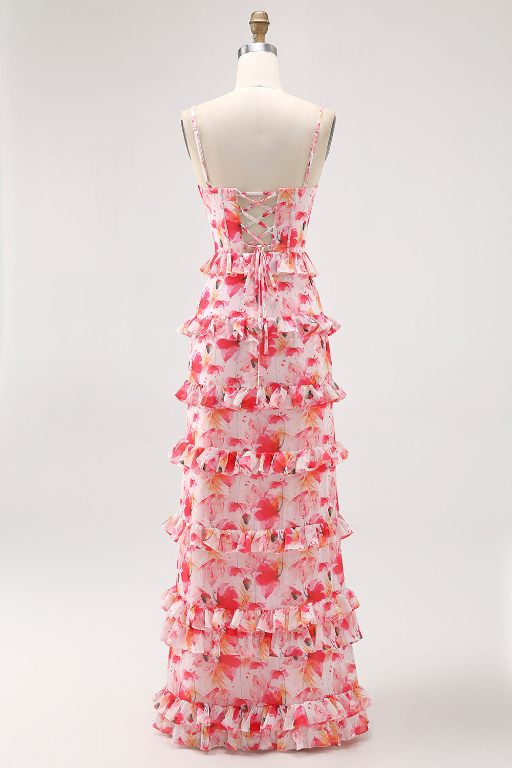 Rosa Geblümte Rüschen Langes Hochzeitsgastkleid mit Schlitz