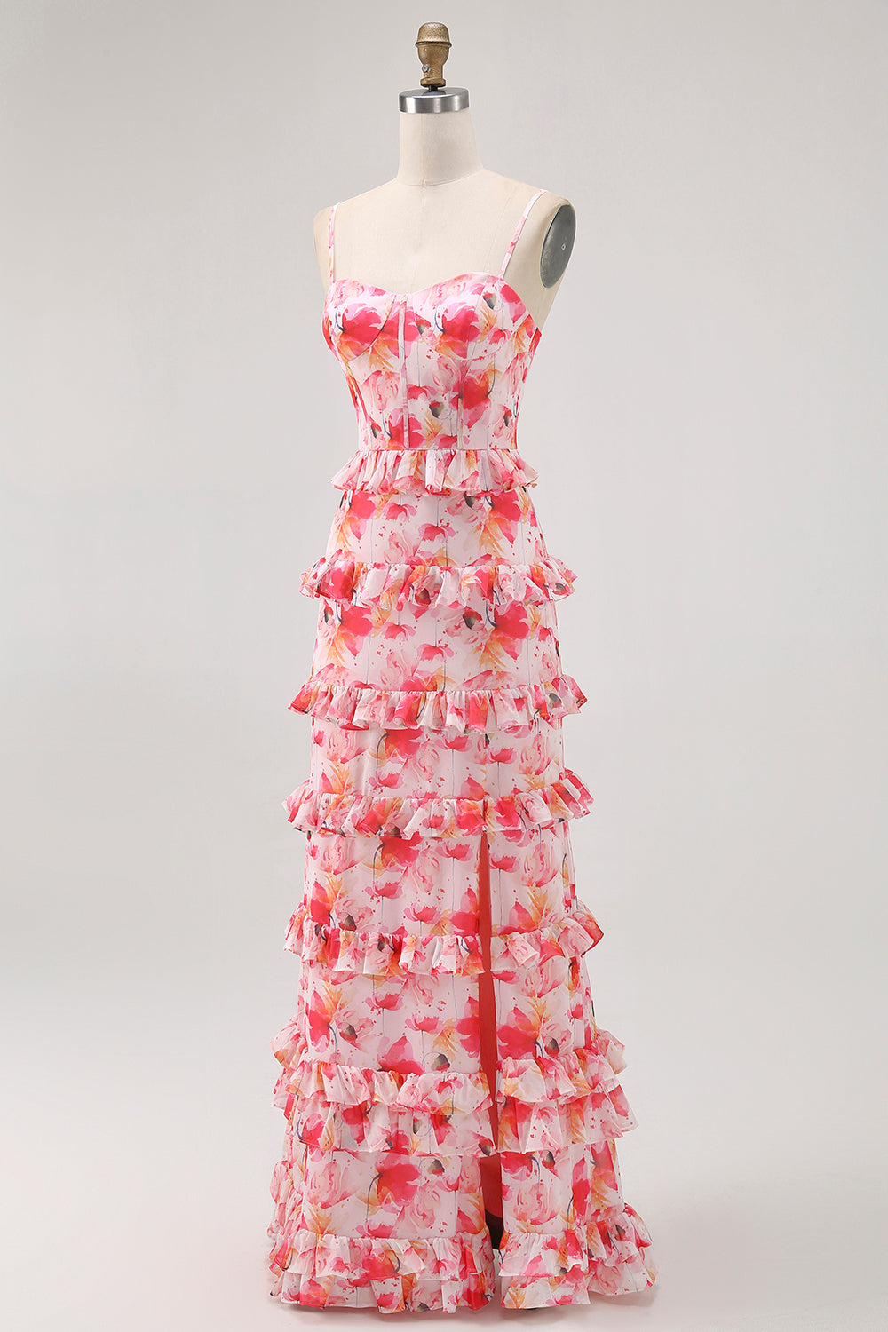 Rosa Geblümte Rüschen Langes Hochzeitsgastkleid mit Schlitz