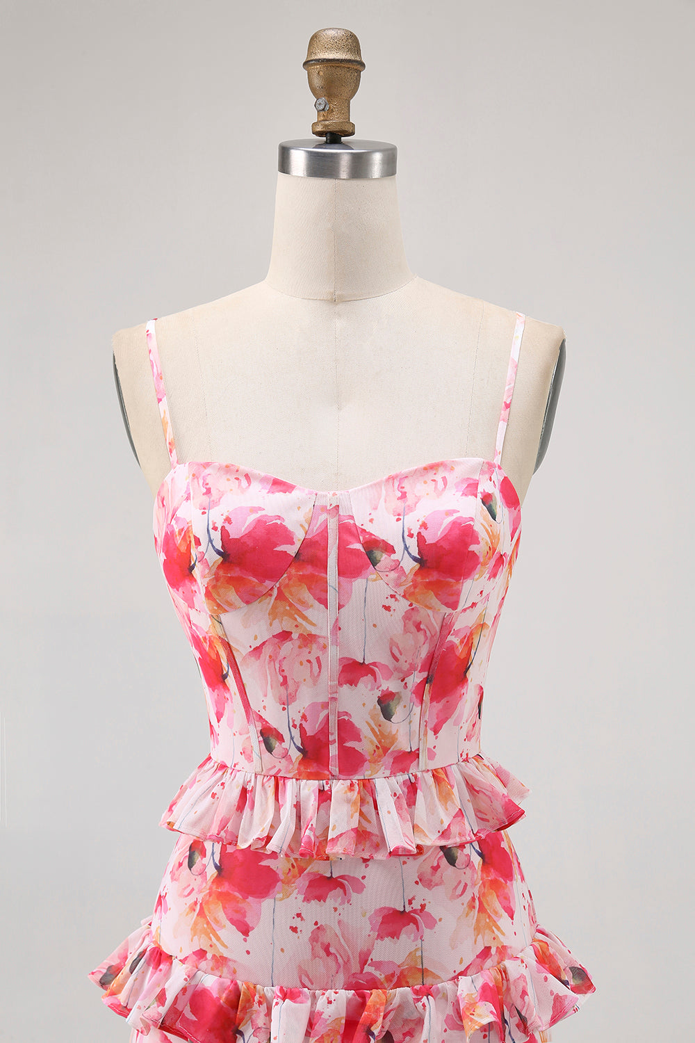 Rosa Geblümte Rüschen Langes Hochzeitsgastkleid mit Schlitz