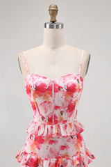 Rosa Geblümte Rüschen Langes Hochzeitsgastkleid mit Schlitz