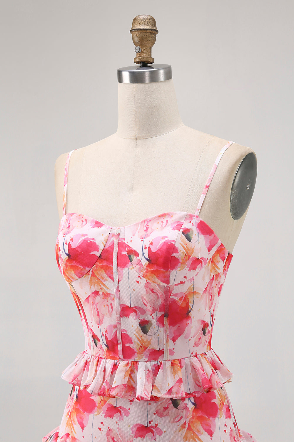 Rosa Geblümte Rüschen Langes Hochzeitsgastkleid mit Schlitz