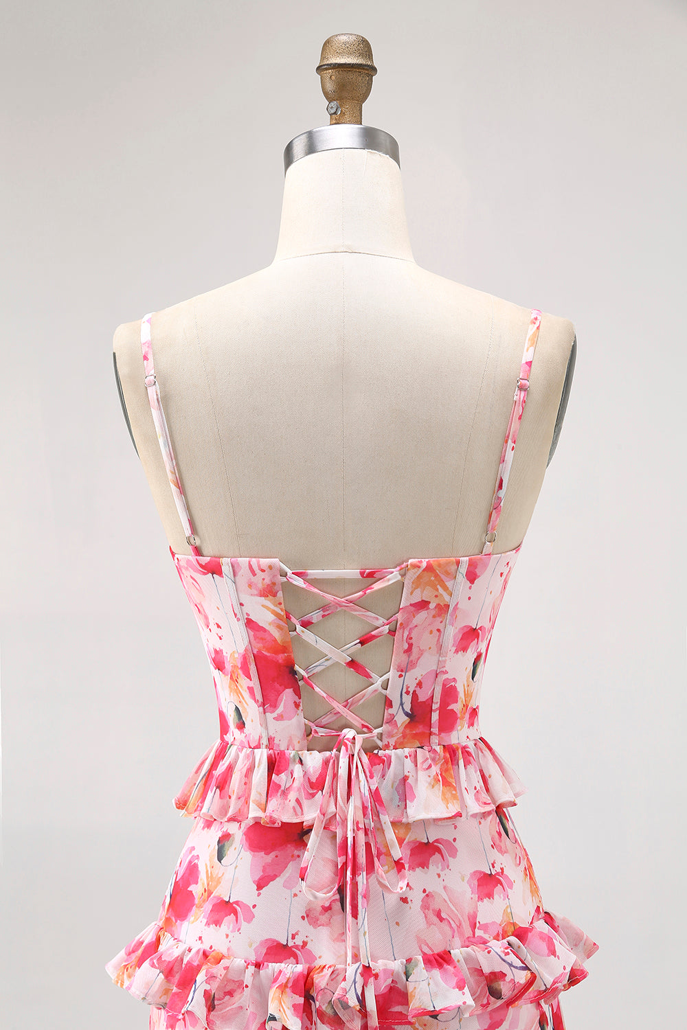 Rosa Geblümte Rüschen Langes Hochzeitsgastkleid mit Schlitz
