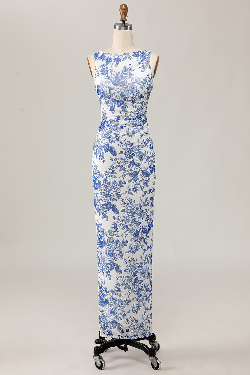 Blumenbedrucktes Bodycon Weiß Blau Langes Hochzeitsgastkleid