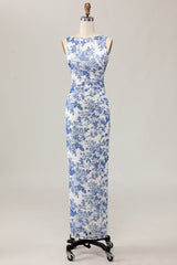 Blumenbedrucktes Bodycon Weiß Blau Langes Hochzeitsgastkleid