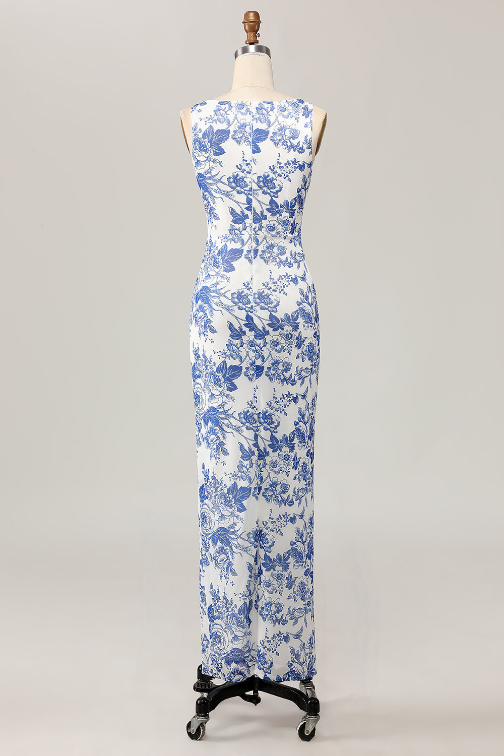 Blumenbedrucktes Bodycon Weiß Blau Langes Hochzeitsgastkleid