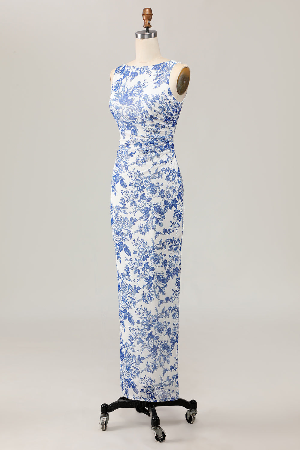 Blumenbedrucktes Bodycon Weiß Blau Langes Hochzeitsgastkleid