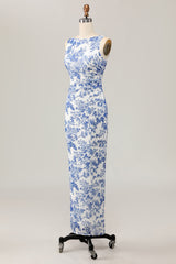 Blumenbedrucktes Bodycon Weiß Blau Langes Hochzeitsgastkleid