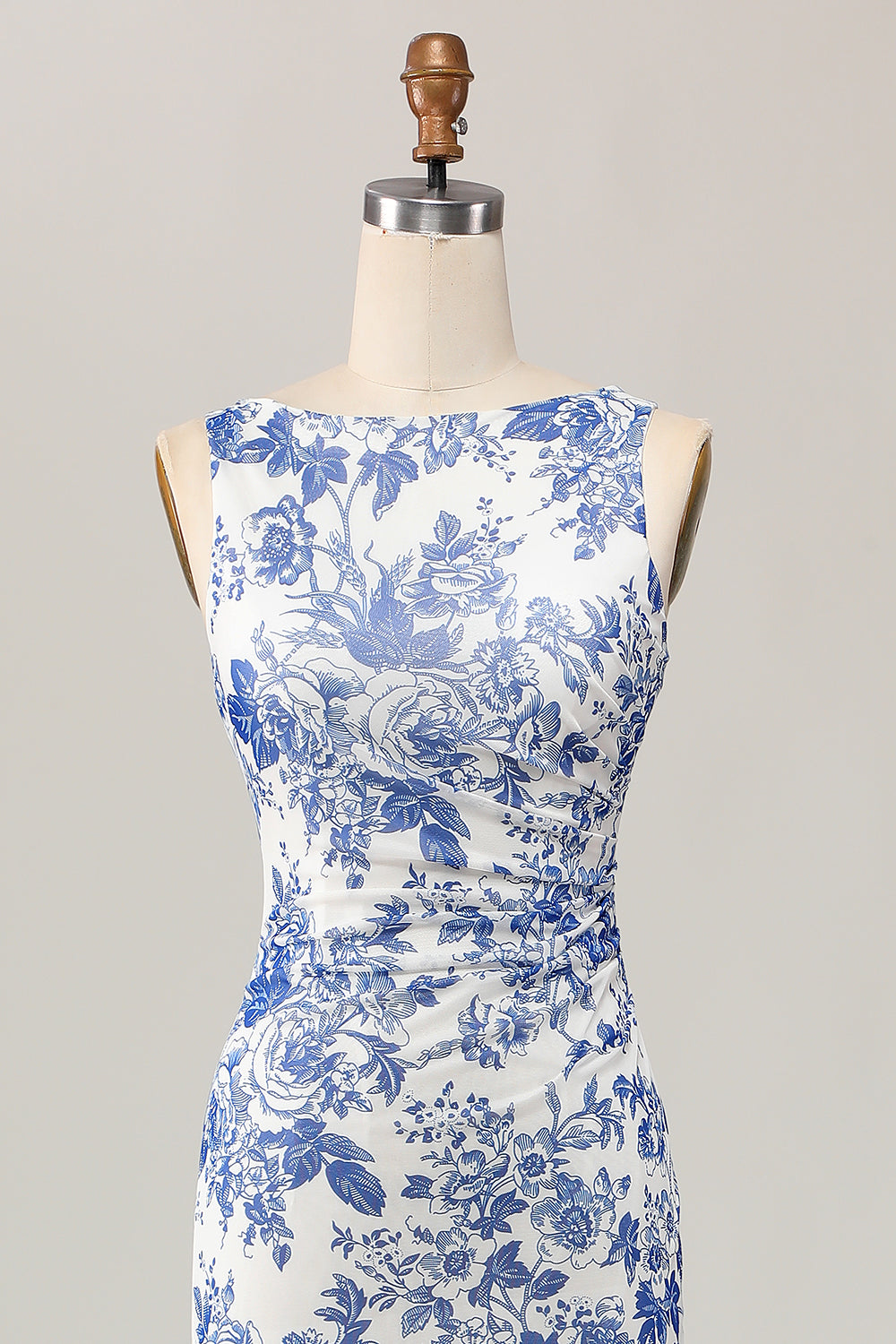 Blumenbedrucktes Bodycon Weiß Blau Langes Hochzeitsgastkleid