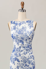 Blumenbedrucktes Bodycon Weiß Blau Langes Hochzeitsgastkleid