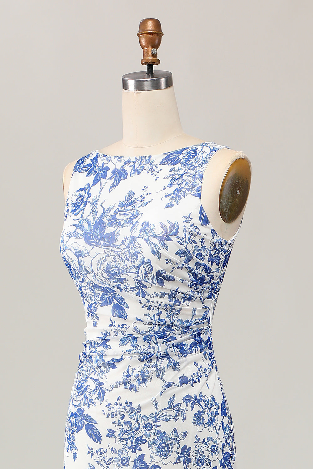Blumenbedrucktes Bodycon Weiß Blau Langes Hochzeitsgastkleid