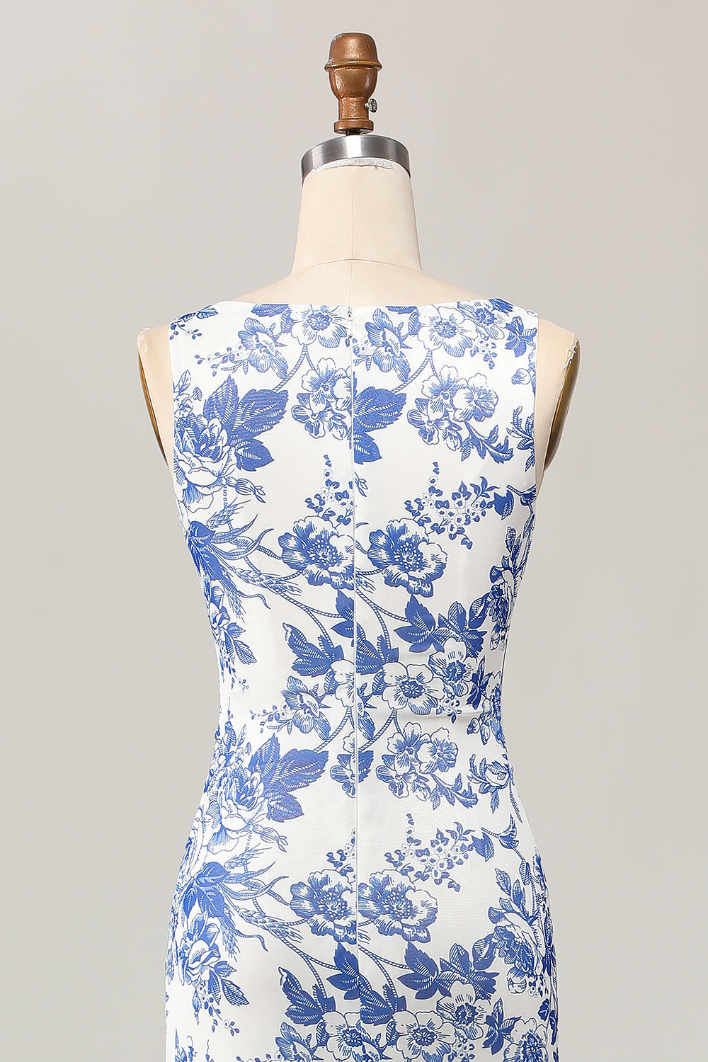 Blumenbedrucktes Bodycon Weiß Blau Langes Hochzeitsgastkleid