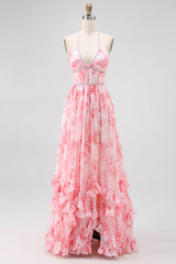 Blush Perlenbesetztes Neckholder Bedrucktes Kleid für Hochzeitsgäste mit Schlitz