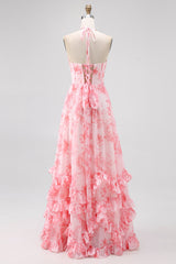 Blush Perlenbesetztes Neckholder Bedrucktes Kleid für Hochzeitsgäste mit Schlitz