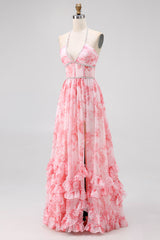Blush Perlenbesetztes Neckholder Bedrucktes Kleid für Hochzeitsgäste mit Schlitz