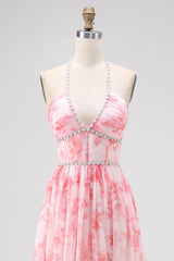 Blush Perlenbesetztes Neckholder Bedrucktes Kleid für Hochzeitsgäste mit Schlitz
