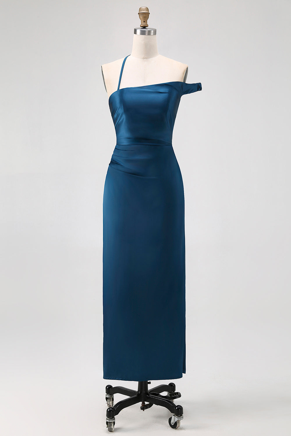 Tintenblaues Etui Langes Brautjungfernkleid aus Satin mit einer Schulter