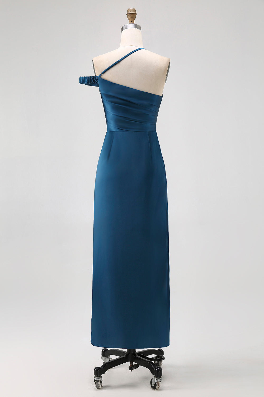 Tintenblaues Etui Langes Brautjungfernkleid aus Satin mit einer Schulter