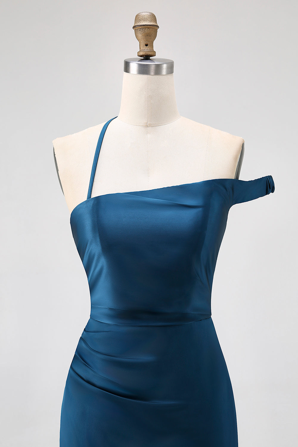 Tintenblaues Etui Langes Brautjungfernkleid aus Satin mit einer Schulter
