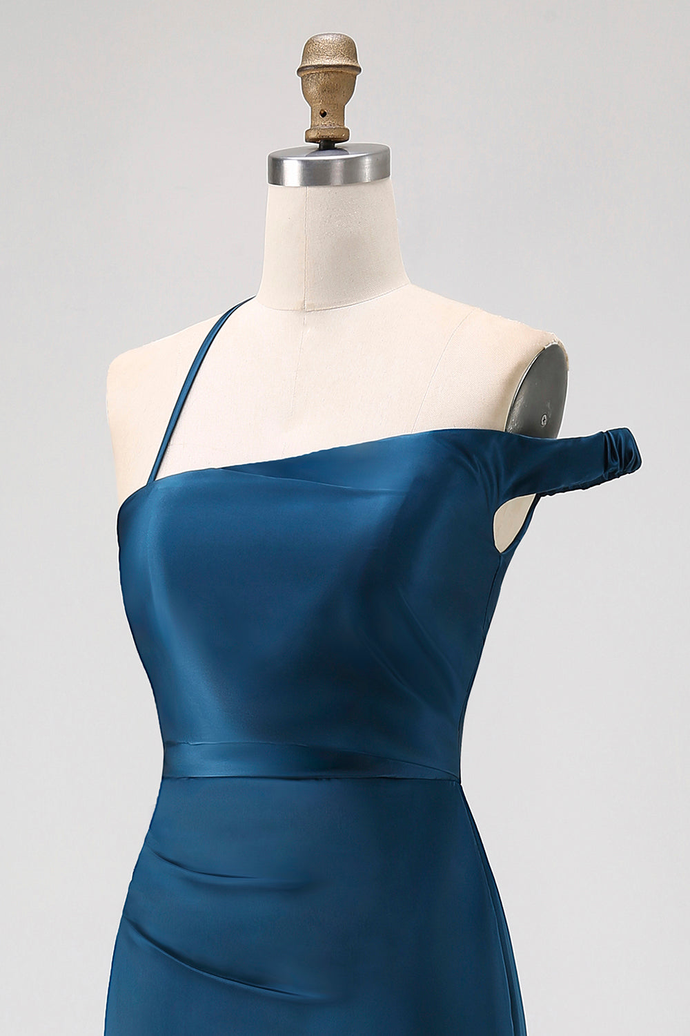 Tintenblaues Etui Langes Brautjungfernkleid aus Satin mit einer Schulter