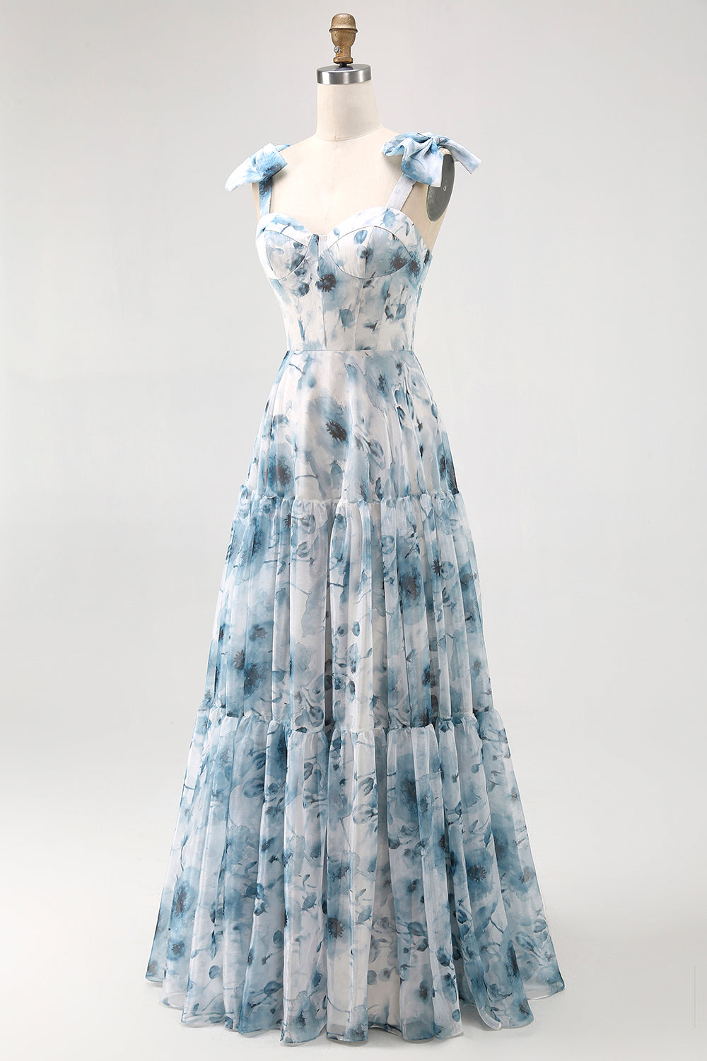 Langes A-Linie Blaues Brautjungfernkleid mit Blumendruck und Schnürung am Rücken
