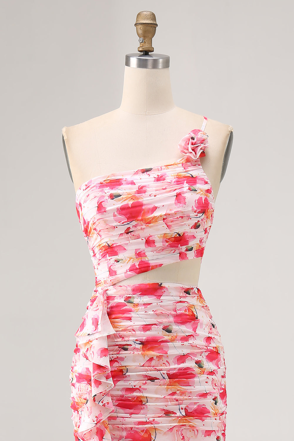 Etui Rotes Kleid für Hochzeitsgäste mit einer Schulter und Blumendruck
