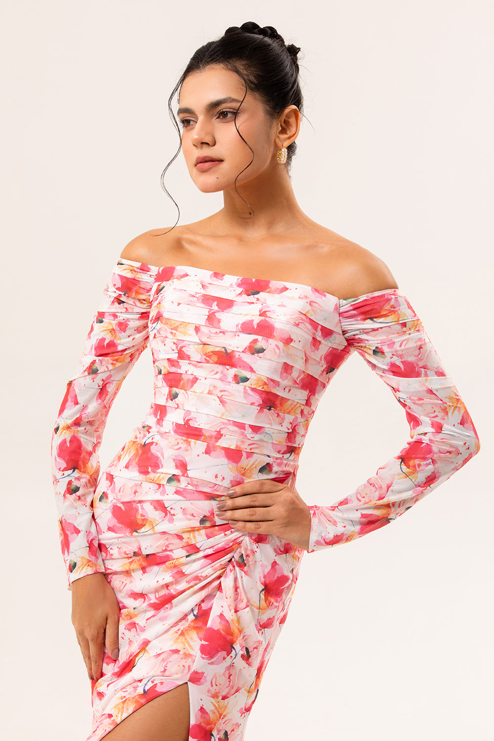Rosa Blumen Etui Schulterfreies Langes Hochzeitsgastkleid