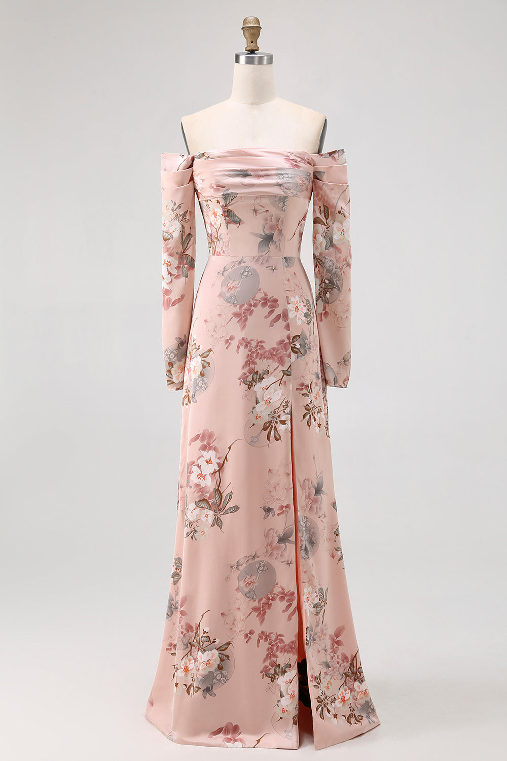 Blush Blumen Schulterfreies Etui Langes Hochzeitsgastkleid mit Schlitz