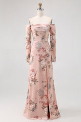Blush Blumen Schulterfreies Etui Langes Hochzeitsgastkleid mit Schlitz