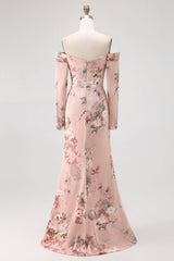 Blush Blumen Schulterfreies Etui Langes Hochzeitsgastkleid mit Schlitz