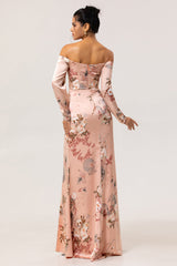Schulterfreies Blush Blumen Etui Langes Hochzeitsgastkleid mit Schlitz