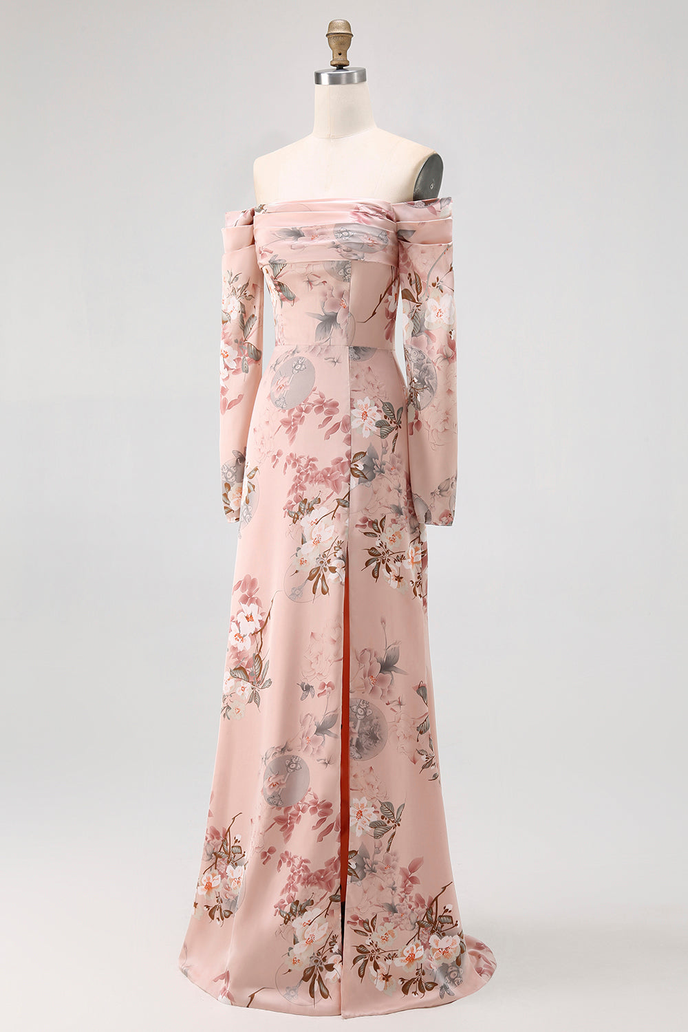 Blush Blumen Schulterfreies Etui Langes Hochzeitsgastkleid mit Schlitz