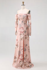 Blush Blumen Schulterfreies Etui Langes Hochzeitsgastkleid mit Schlitz