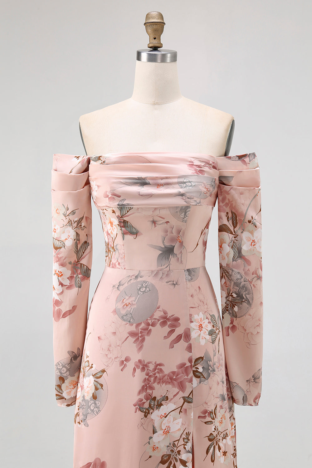 Blush Blumen Schulterfreies Etui Langes Hochzeitsgastkleid mit Schlitz