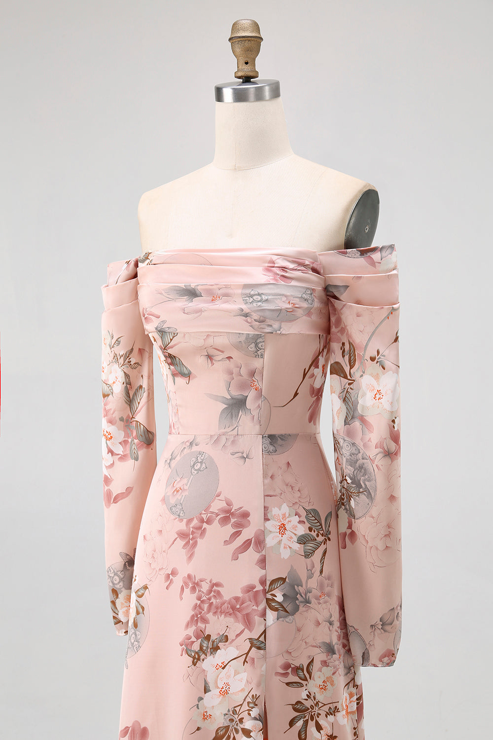 Blush Blumen Schulterfreies Etui Langes Hochzeitsgastkleid mit Schlitz