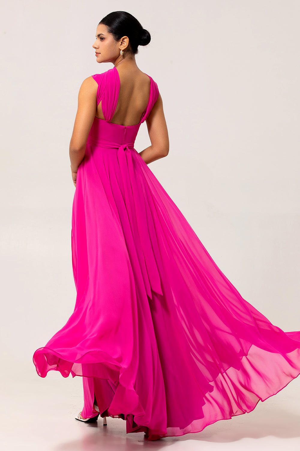 Fuchsia A Linie Wandelbares Chiffon Langes Brautjungfernkleid mit Schlitz