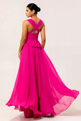 Fuchsia A Linie Wandelbares Chiffon Langes Brautjungfernkleid mit Schlitz