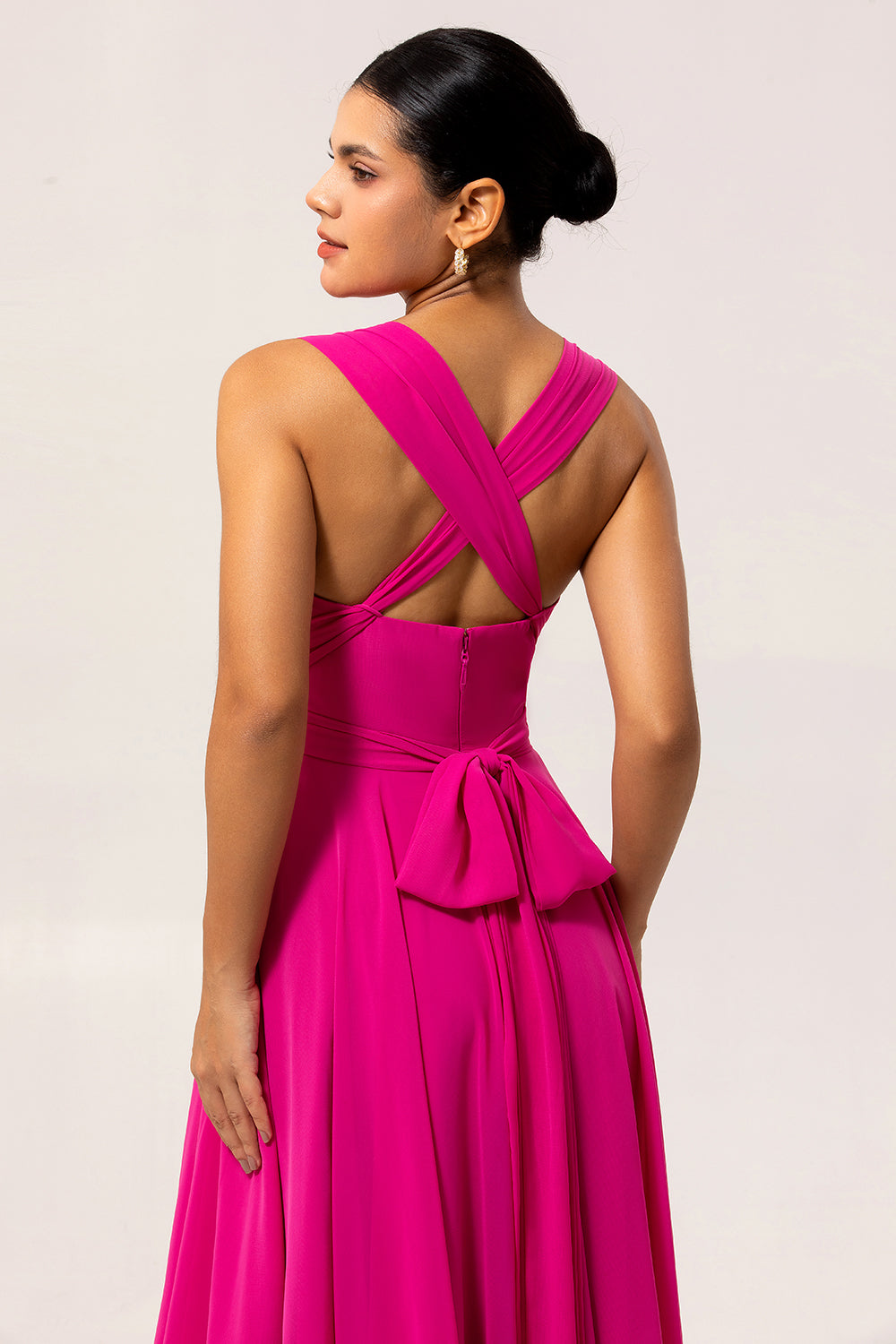Fuchsia A Linie Wandelbares Chiffon Langes Brautjungfernkleid mit Schlitz
