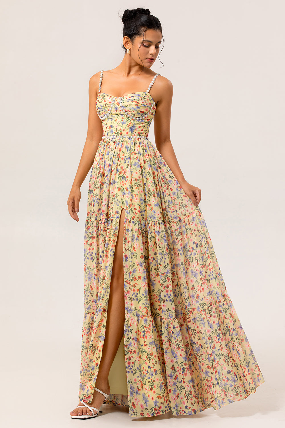 Gelbes Geblümtes Langes Brautjungfernkleid mit Perlen und Schlitz