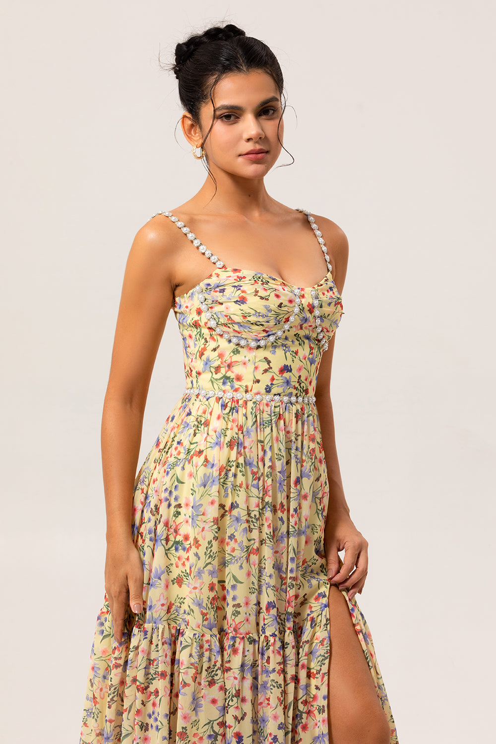 Gelbes Geblümtes Langes Brautjungfernkleid mit Perlen und Schlitz