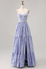 Blaue Blume A-Linie Perlen Hochzeitsgastkleid mit Schlitz