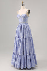 Blaue Blume A-Linie Perlen Hochzeitsgastkleid mit Schlitz