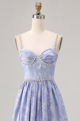 Blaue Blume A-Linie Perlen Hochzeitsgastkleid mit Schlitz