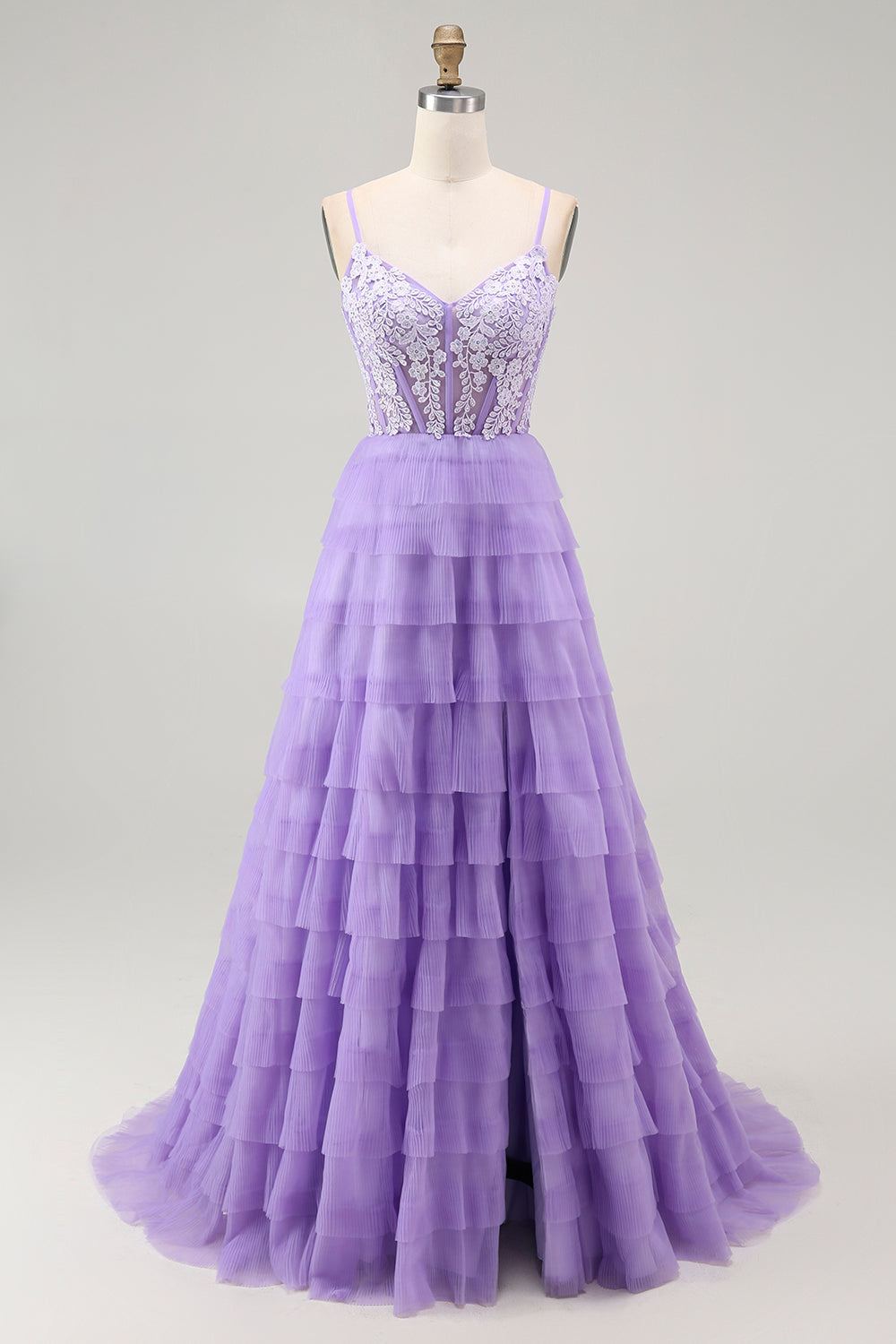 Lila A Linie Gestuftes Perlenbesetztes Korsett Langes Ballkleid mit Schlitz