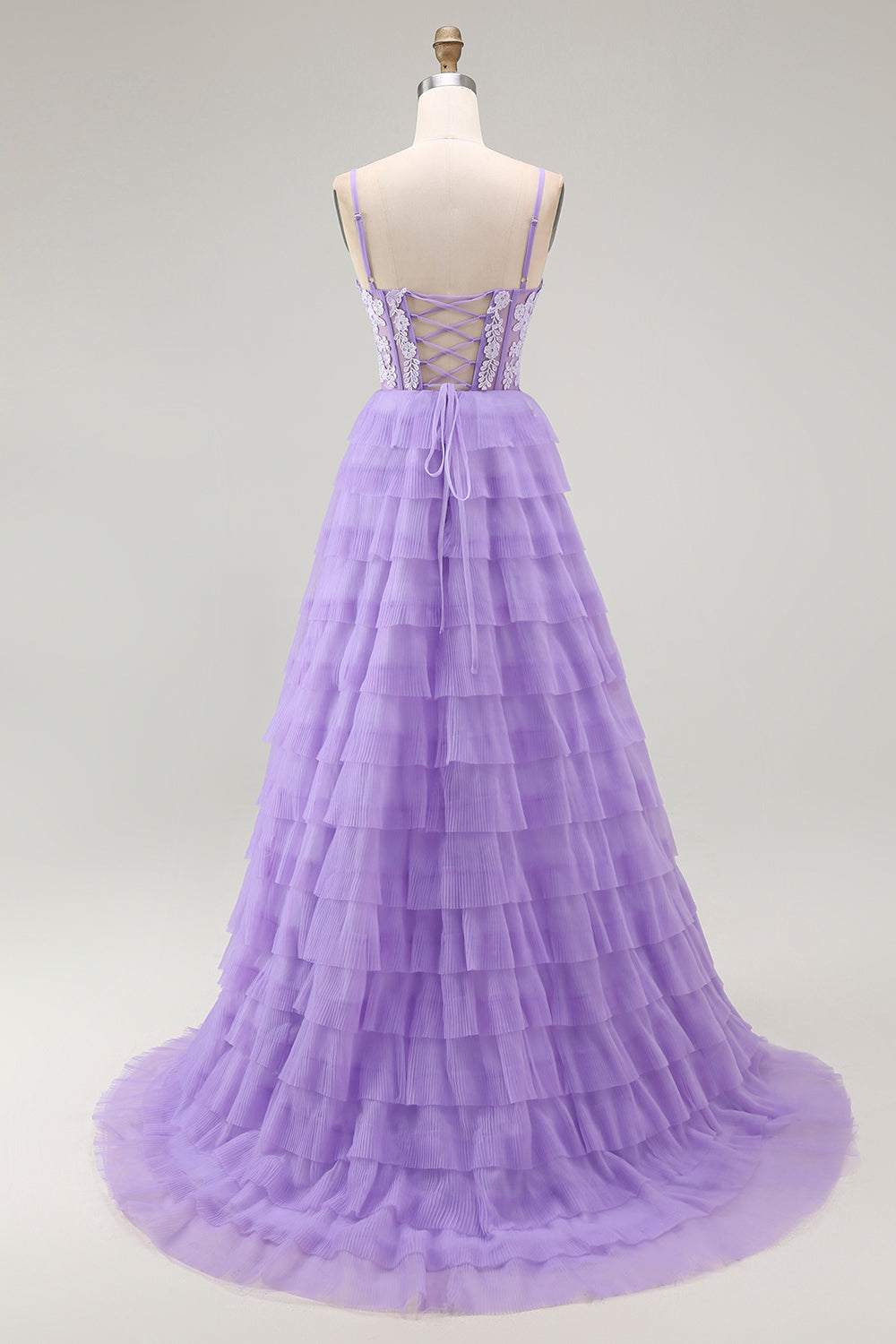 Lila A Linie Gestuftes Perlenbesetztes Korsett Langes Ballkleid mit Schlitz