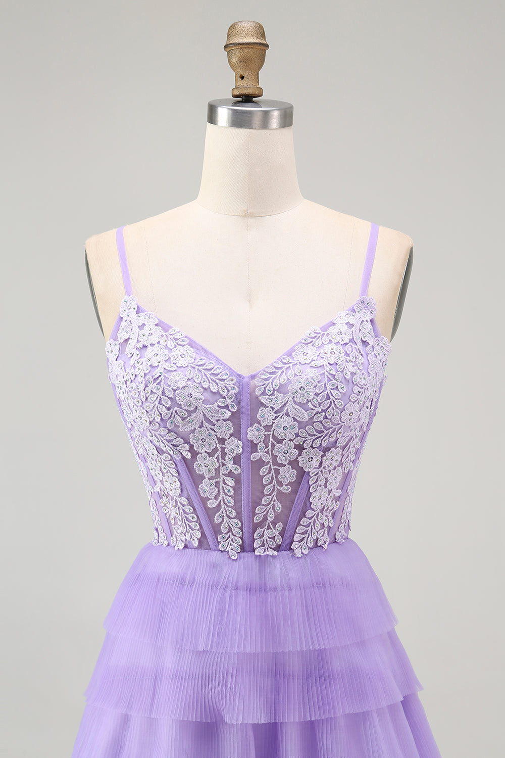 Lila A Linie Gestuftes Perlenbesetztes Korsett Langes Ballkleid mit Schlitz
