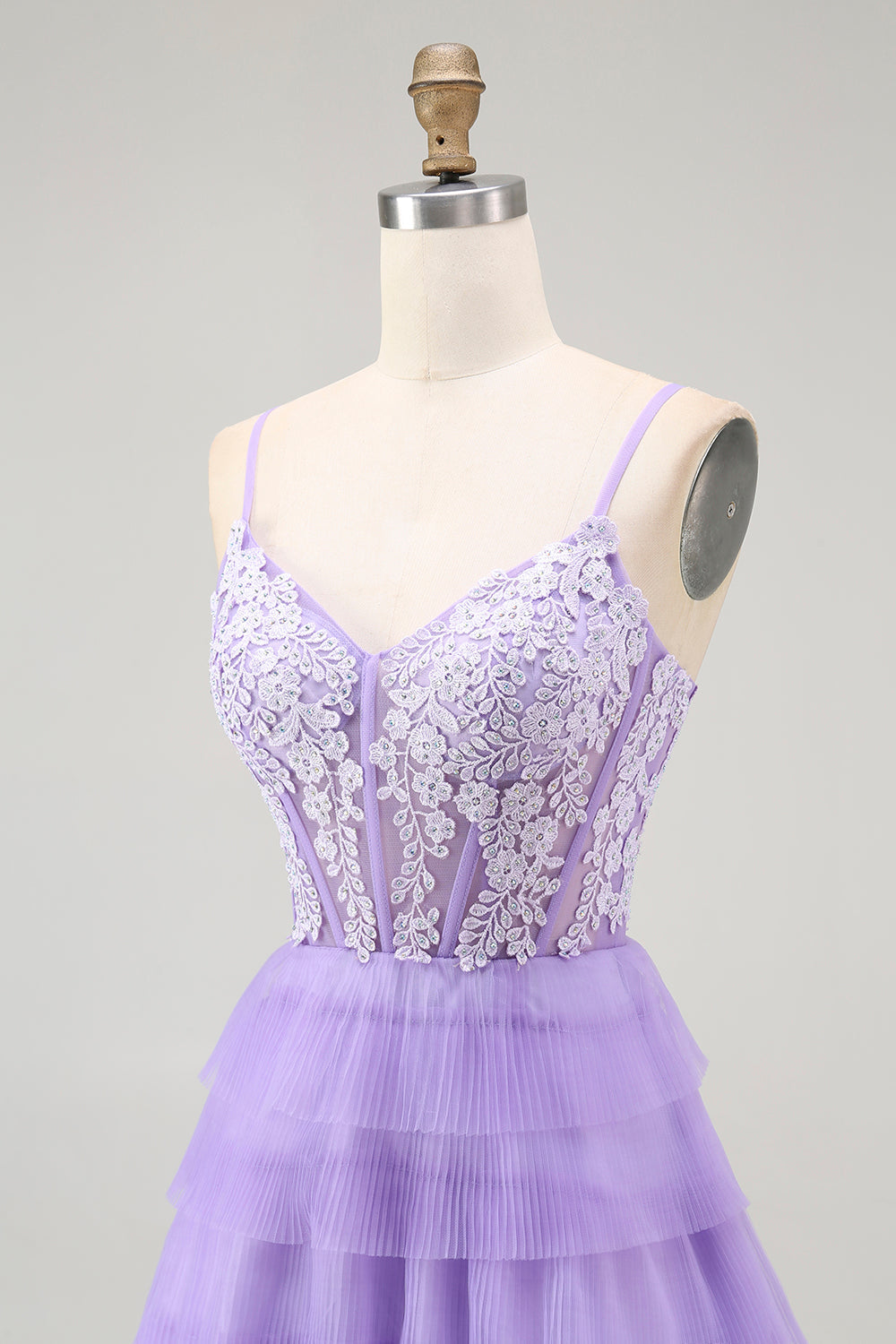 Lila A Linie Gestuftes Perlenbesetztes Korsett Langes Ballkleid mit Schlitz